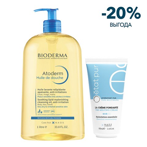 Набор Bioderma Atoderm Масло для душа, 1 л + Etat Pur Увлажняющий крем с легкой тающей текстурой, 40 мл