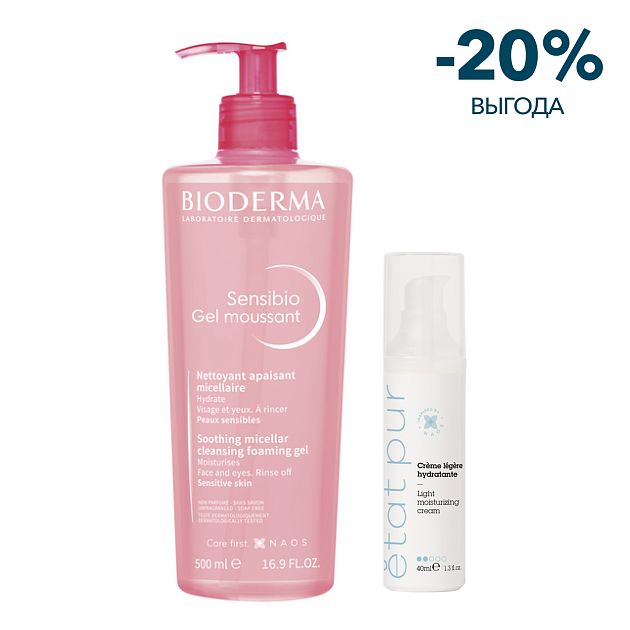 Набор Bioderma Sensibio Гель для умывания, 500 мл + Etat Pur Увлажняющий крем с легкой текстурой, 40 мл