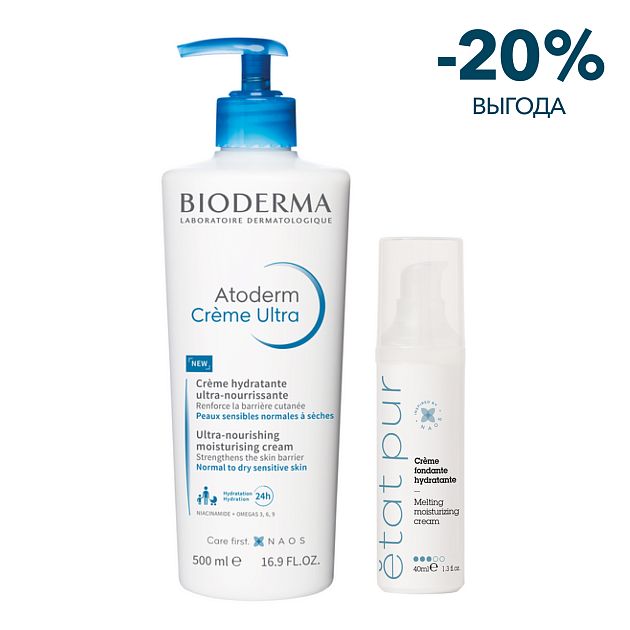 Набор Bioderma Atoderm Крем Ультра, 500 мл + Etat Pur Увлажняющий крем с легкой тающей текстурой, 40 мл